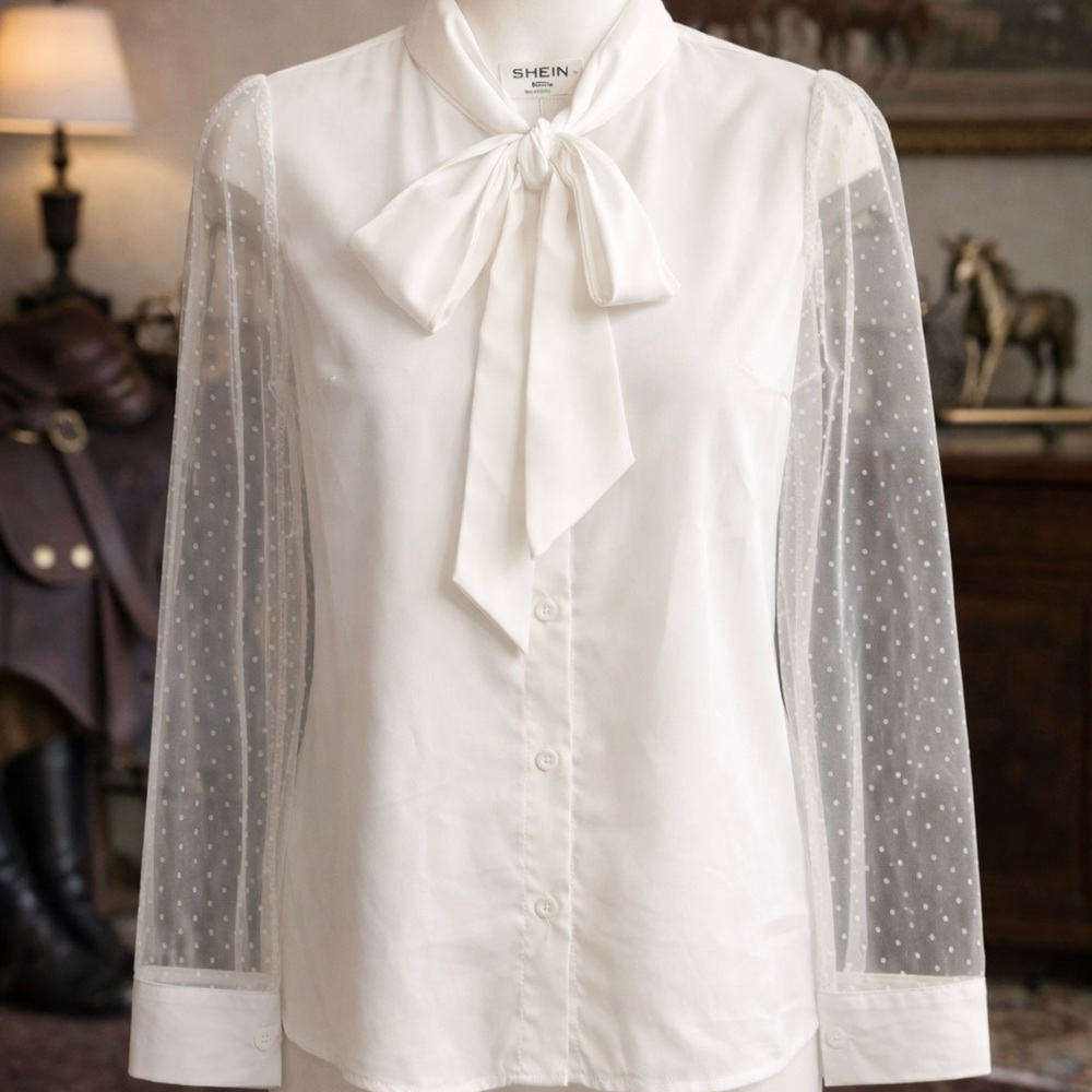 SHEIN NWOT White Bow Tie Blouse | Sheer Swiss Dot Sleeves | Size Medium/6